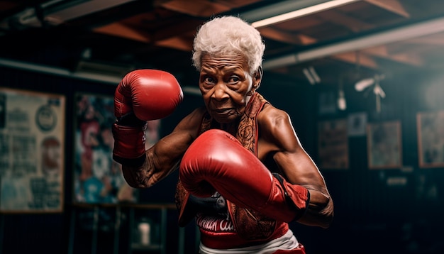 Ritratto di un'anziana donna afroamericana in guanti da boxe in palestra su uno sfondo scuro