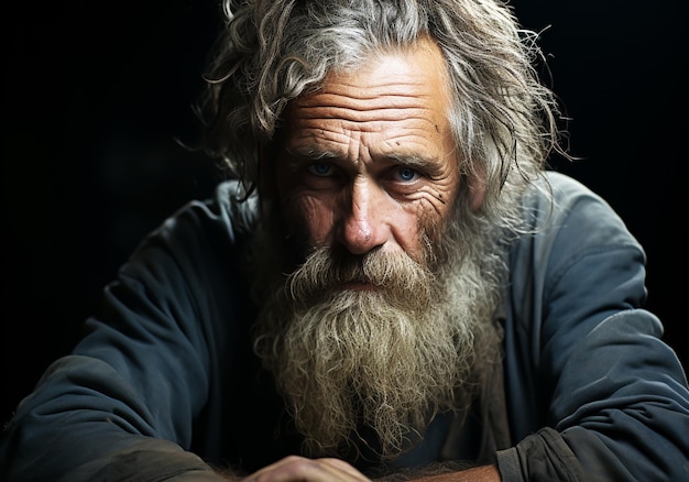 Ritratto di un anziano contadino isolato sullo sfondo scuro che pensa e guarda