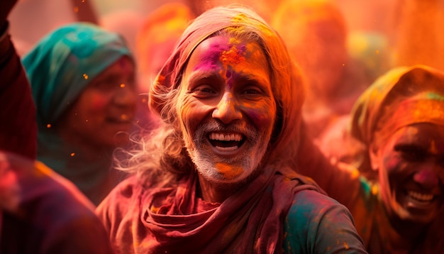 Ritratto di un anziano indù con vernice colorata sui suoi vestiti e sul suo corpo nella folla al Hol