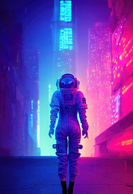 Ritratto di un astronauta alla luce al neon in una tuta spaziale. Astronauta hightech dal futuro