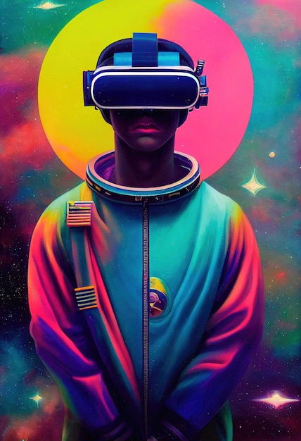 Ritratto di un astronauta che indossa un auricolare cyberpunk, occhiali virtuali e abbigliamento cyberpunk