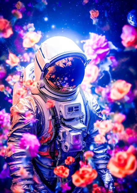 Ritratto di un astronauta con bellissimi fiori a colori vivaci