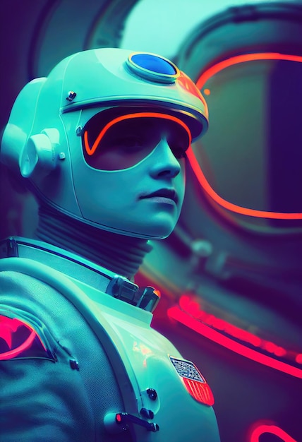 Ritratto di un astronauta immaginario alla luce al neon in una tuta spaziale. Astronauta hightech dal futuro.