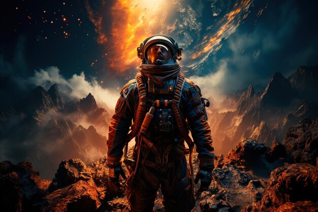 Ritratto di un astronauta in tuta spaziale sullo sfondo del cielo intergalattico Esplorazione di altri mondi