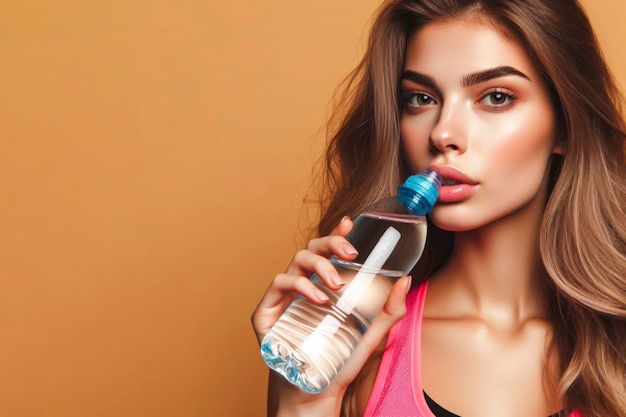Ritratto di un'atleta che beve acqua da una bottiglia trasparente su uno sfondo a colori copia lo spazio ai generativo