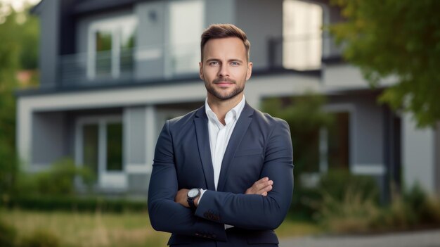 Ritratto di un attraente agente immobiliare sullo sfondo di abitazioni costose