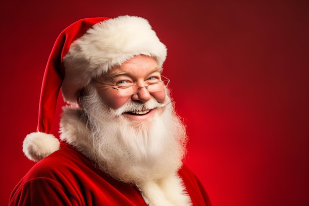 Ritratto di un attraente Babbo Natale dai capelli bianchi sorridente su sfondo rosso