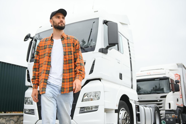 Ritratto di un autista di camion sicuro sul parcheggio