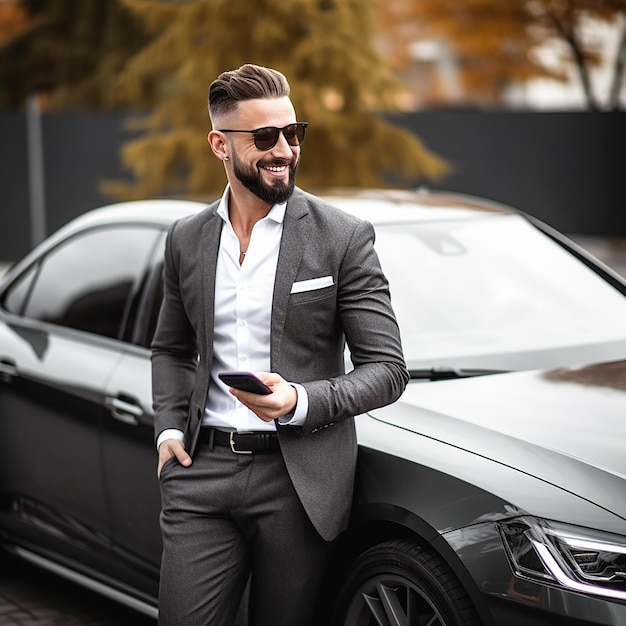Ritratto di un'auto di lusso con un bell'uomo d'affari alla moda