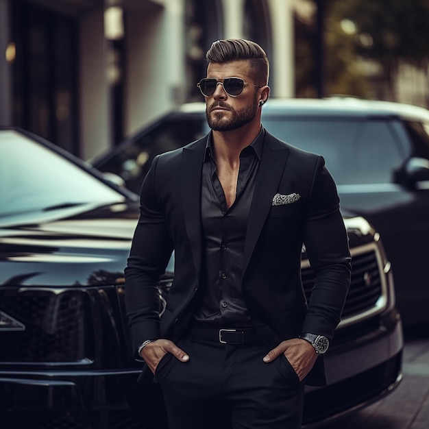 Ritratto di un'auto di lusso con un bell'uomo d'affari alla moda