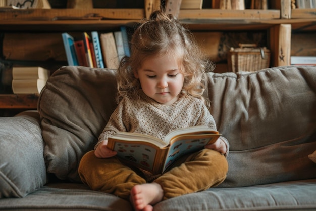 Ritratto di un bambino affascinante seduto comodamente su un divano mentre si concentra a leggere un libro