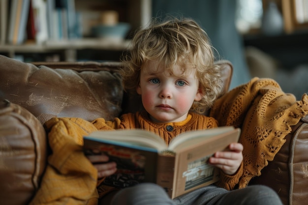 Ritratto di un bambino affascinante seduto comodamente su un divano mentre si concentra a leggere un libro