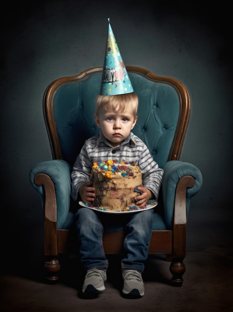 Ritratto di un bambino allegro e carino Festa di compleanno di un ragazzino con palloncini torta e ghirlande di compleanno