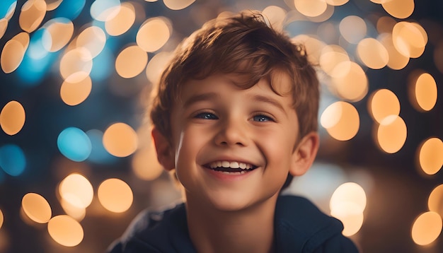 Ritratto di un bambino carino sullo sfondo delle luci di Natale