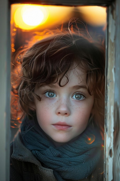 ritratto di un bambino che guarda con curiosità la telecamera attraverso una finestra che riflette il tramonto