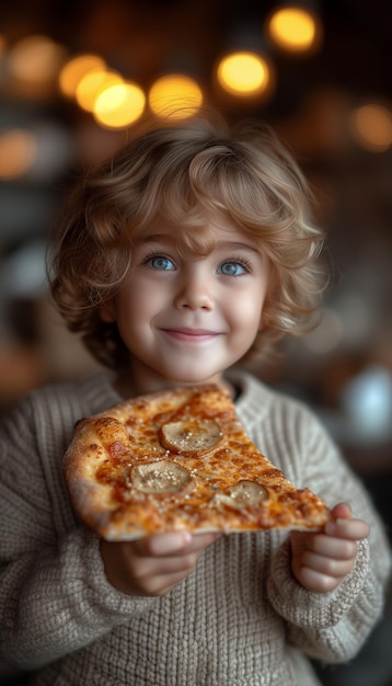 Ritratto di un bambino che si delizia in una pizzeria