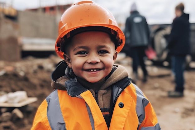 Ritratto di un bambino costruttore che indossa un casco generativo ai