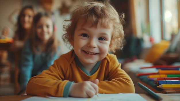 Ritratto di un bambino felice che disegna con le matite
