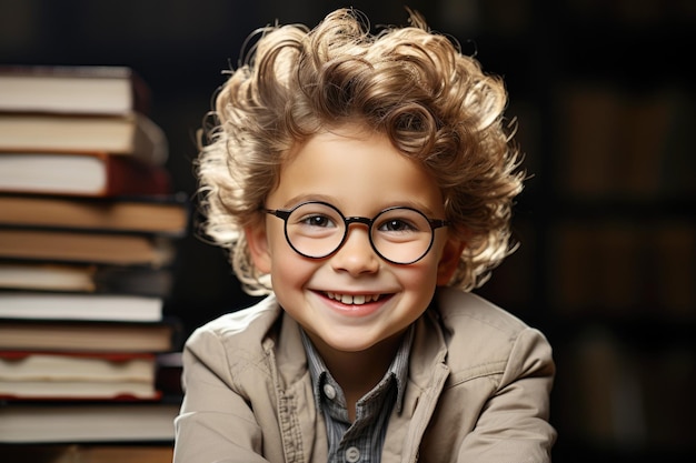 Ritratto di un bambino felice con gli occhiali un ragazzino con gli occhiali seduto su una pila di libri