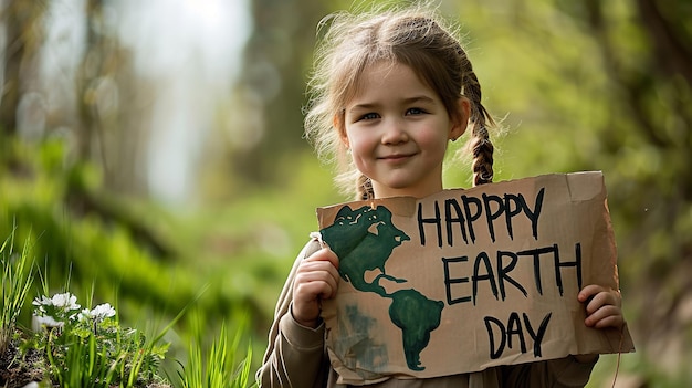 Ritratto di un bambino felice nel bosco con un poster di Happy Earth Day Generative AI