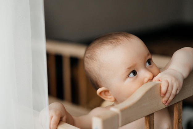 Ritratto di un bambino piccolo che inizia appena a stare in piedi e aggrapparsi ai corrimano nella culla