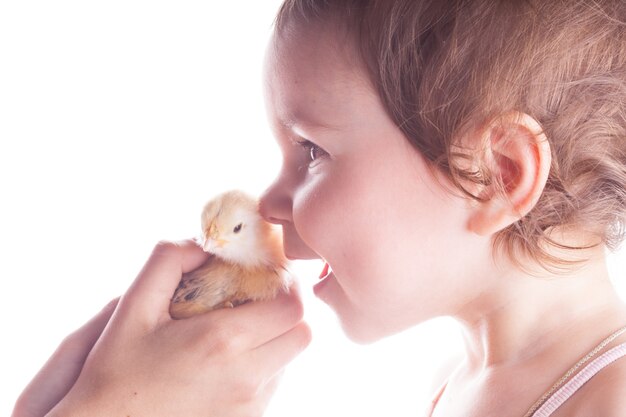 Ritratto di un bambino sorridente che è felice di vedere piccoli polli. Avvicinamento