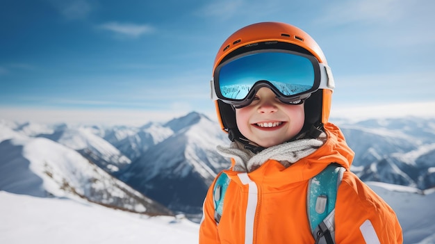 Ritratto di un bambino sorridente che fa snowboard sullo sfondo di montagne innevate su uno sci