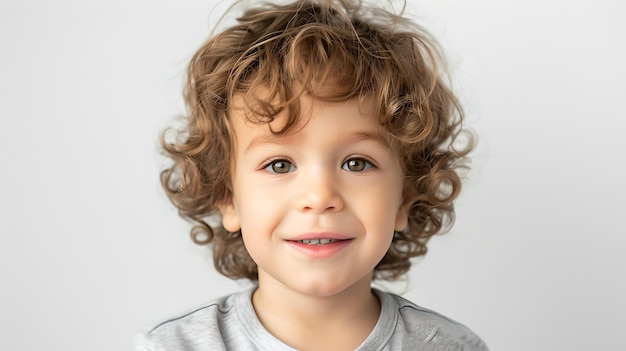 Ritratto di un bambino sorridente con i capelli ricci Espressione gioiosa Sguardo innocente Ideale per la famiglia Contenuto Stile semplice Fotografia di stock AI