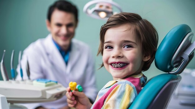 Ritratto di un bambino sorridente con l'apparecchio dentale nell'ufficio del dentista