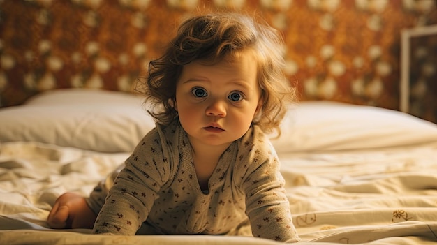 Ritratto di un bambino strisciante sul letto nella sua stanza