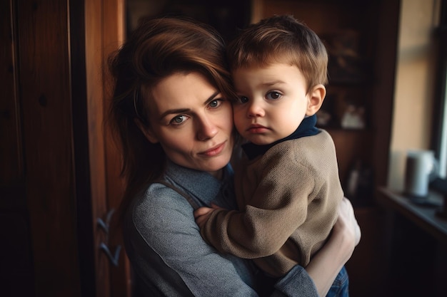 Ritratto di un bambino tra le braccia di sua madre a casa creato con l'IA generativa