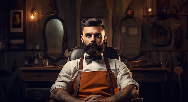 Ritratto di un barbiere brutale barbuto seduto in poltrona in un barbiere con interni vintage