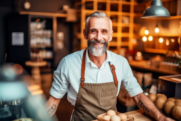 Ritratto di un barista maschio allegro e sorridente