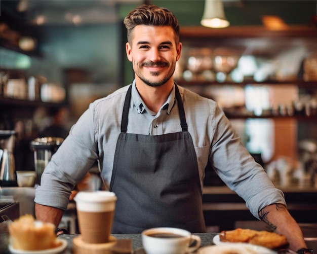 Ritratto di un barista maschio sorridente in piedi al bancone in un caffè