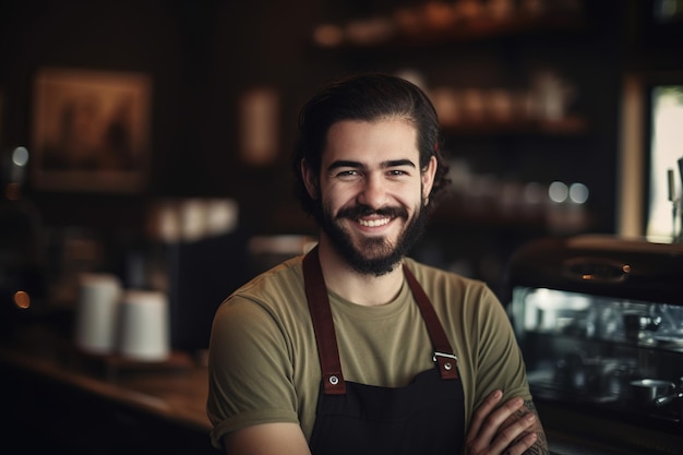 Ritratto di un barista professionista sorridente in una caffetteria ai generativo