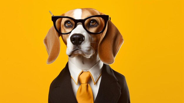 Ritratto di un beagle in abito da lavoro e occhiali