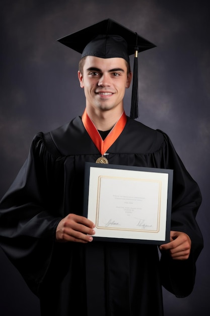 Ritratto di un bel giovane atleta maschio che tiene il suo diploma con orgoglio creato con intelligenza artificiale generativa