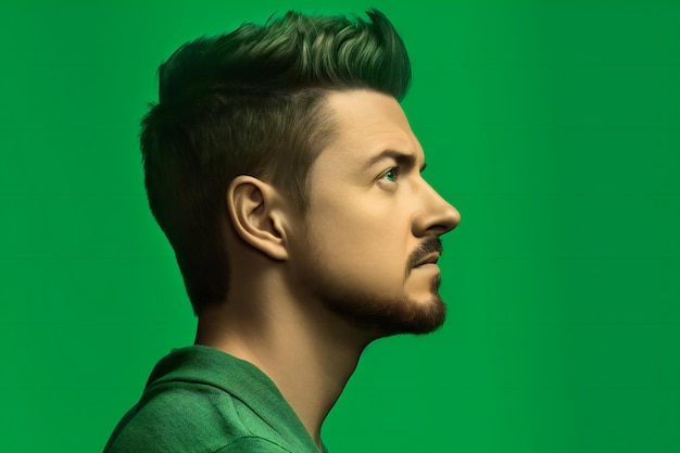 Ritratto di un bel giovane con i capelli verdi su sfondo verde