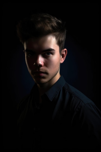 Ritratto di un bel giovane in piedi su uno sfondo scuro creato con l'IA generativa