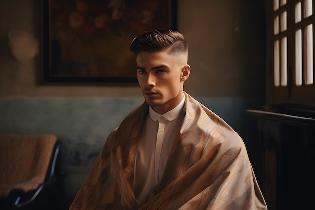 Ritratto di un bel giovane in un barbiere
