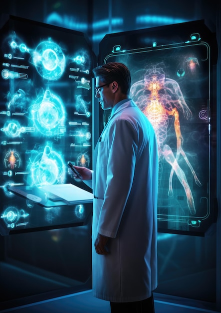 Ritratto di un bel medico che lavora in un ospedale moderno durante la scansione a raggi X MRI CT Generative Ai
