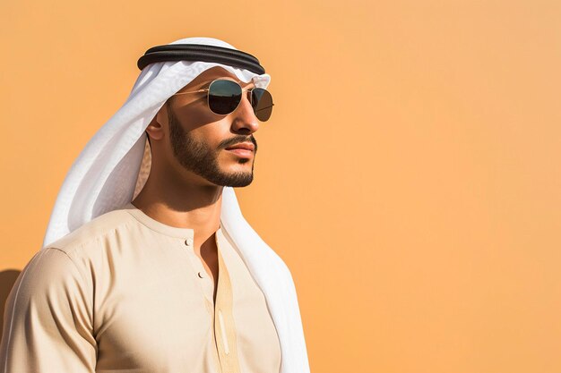 Ritratto di un bel principe saudita che indossa occhiali da sole e abiti tradizionali su una parete color terra e spazio di copia