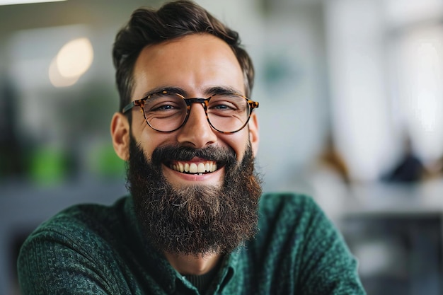 Ritratto di un bel uomo barbuto con gli occhiali che guarda la telecamera