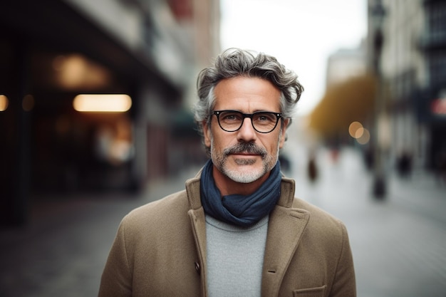 Ritratto di un bel uomo di mezza età con gli occhiali in città