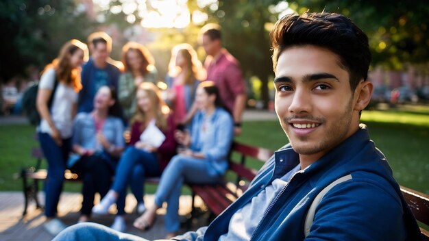 Ritratto di un bell'aspetto di uno studente universitario seduto a una riunione con gli amici dopo lo studio