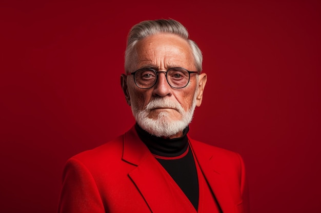 Ritratto di un bell'uomo anziano con gli occhiali isolato su sfondo rosso