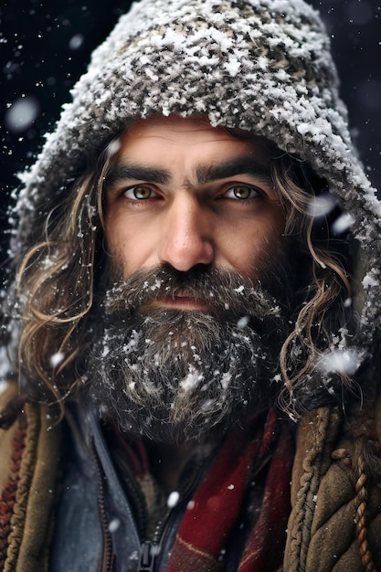 Ritratto di un bell'uomo con lunga barba e baffi su uno sfondo innevato