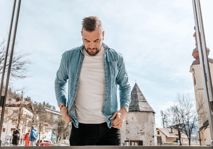 Foto ritratto di un bell'uomo hipster in una giacca di jeans in una grande città per strada uno stile di vita