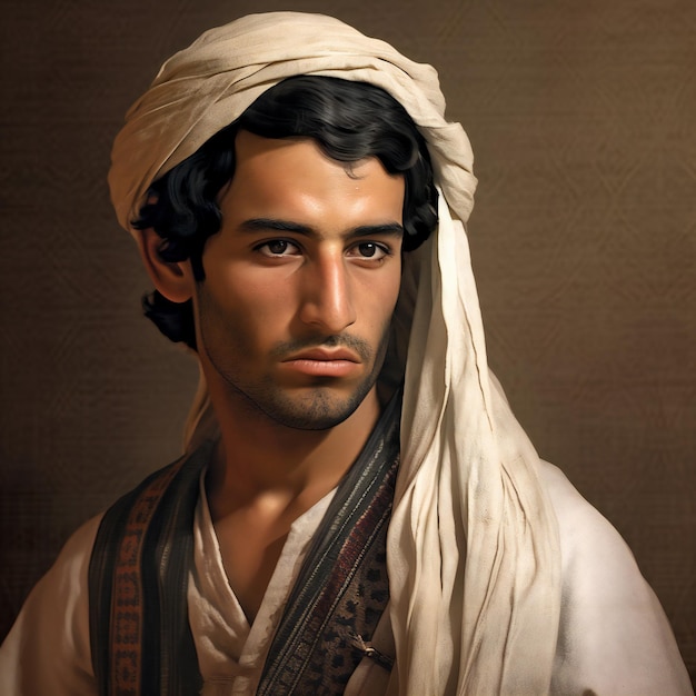 Ritratto di un bell'uomo indiano con un turbante bianco