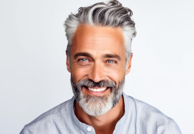Ritratto di un bell'uomo maturo con capelli e barba grigi